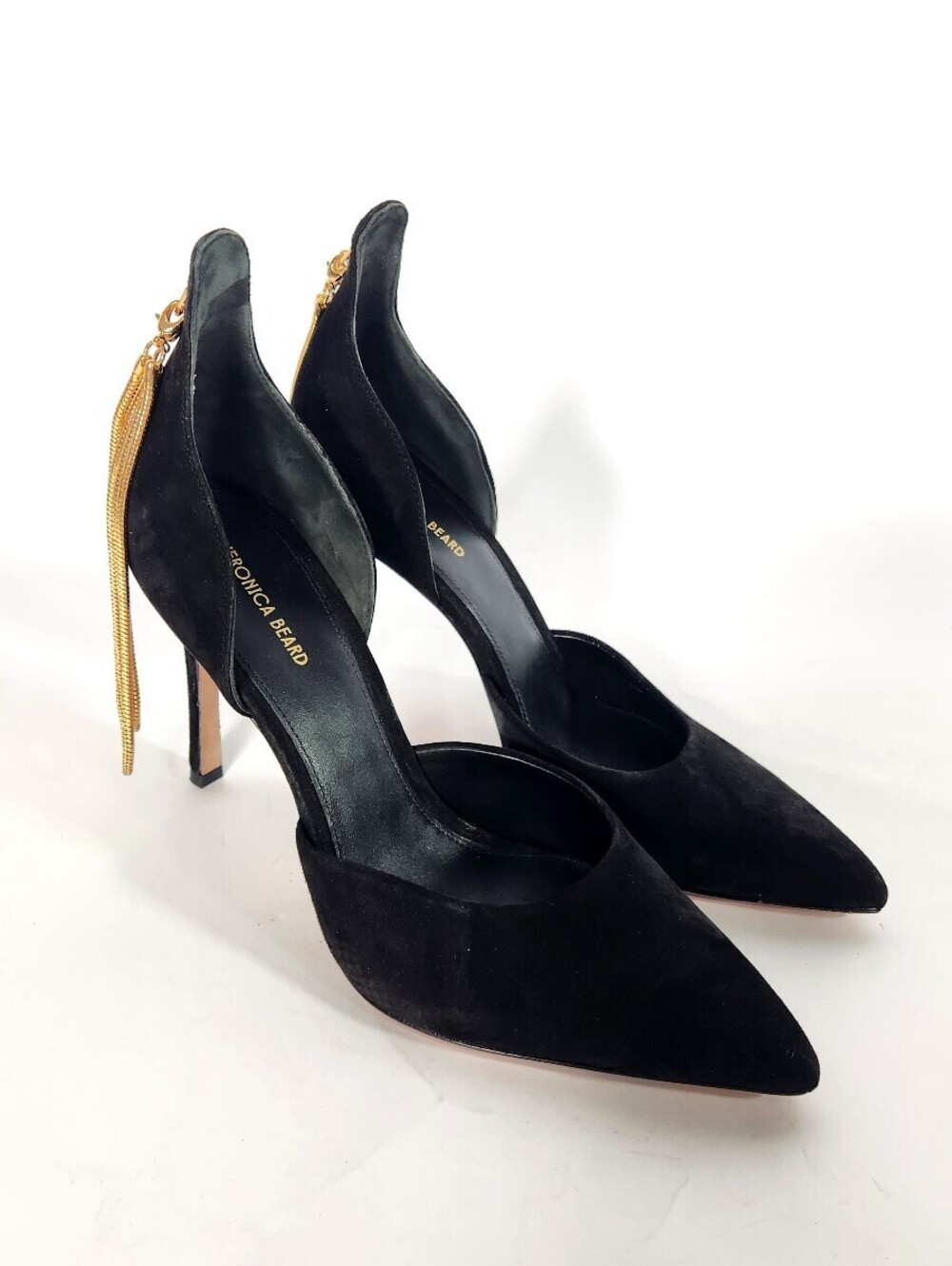 Veronica Beard Black Suede Pointed-Toe Heels Gold Chain 10M